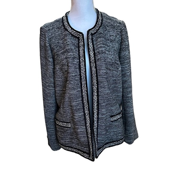 Talbots - Black Tweed Knit Open Front Cardigan Blazer with fringe trim - Picture 3 of 11